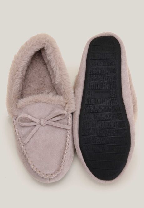 Womens Grey Fluffy Moccasin Slippers