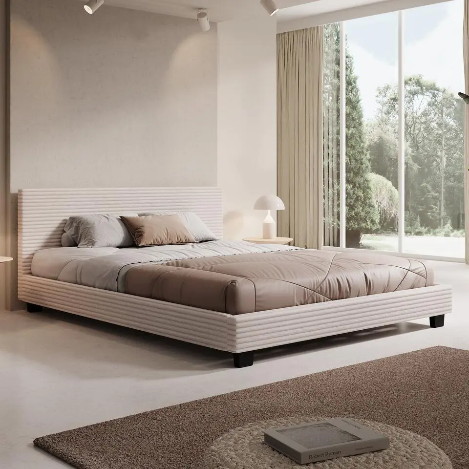 Meubella - Tweepersoonsbed George - Beige ribstof - 160x200 cm