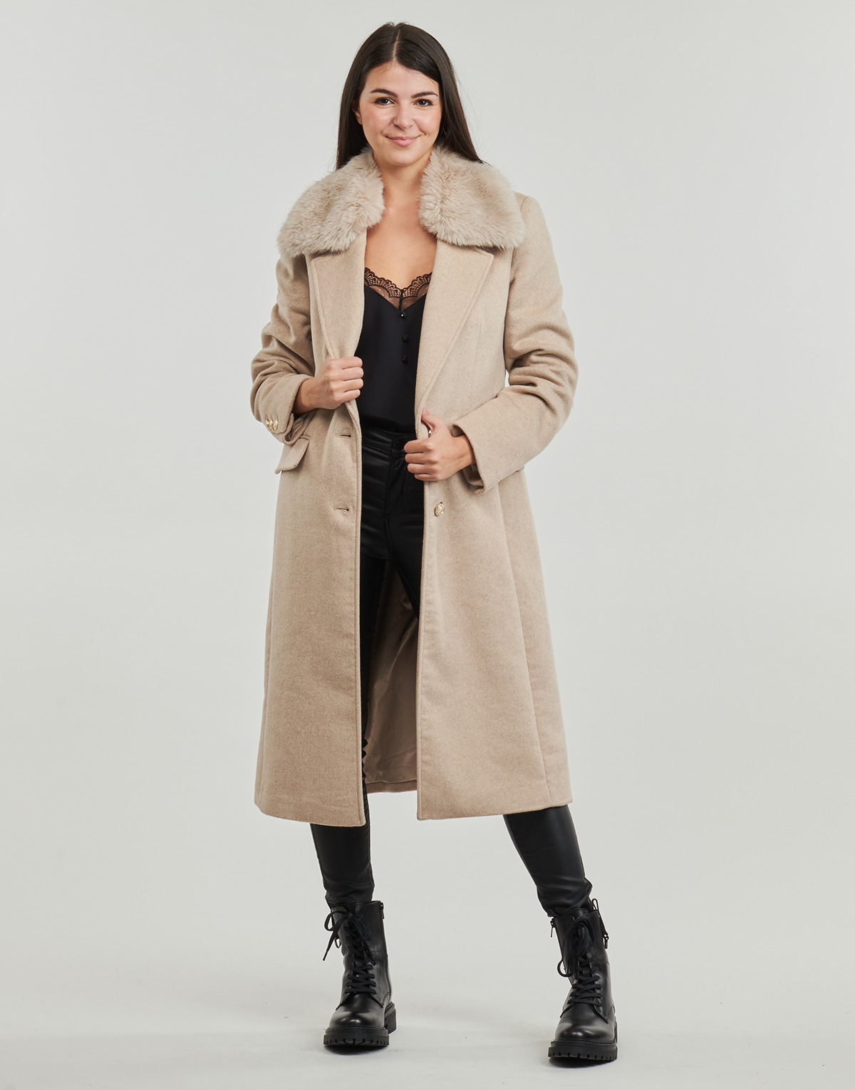 Guess - NANCY FIT COAT FAUX FUR COLLAR - Beige
