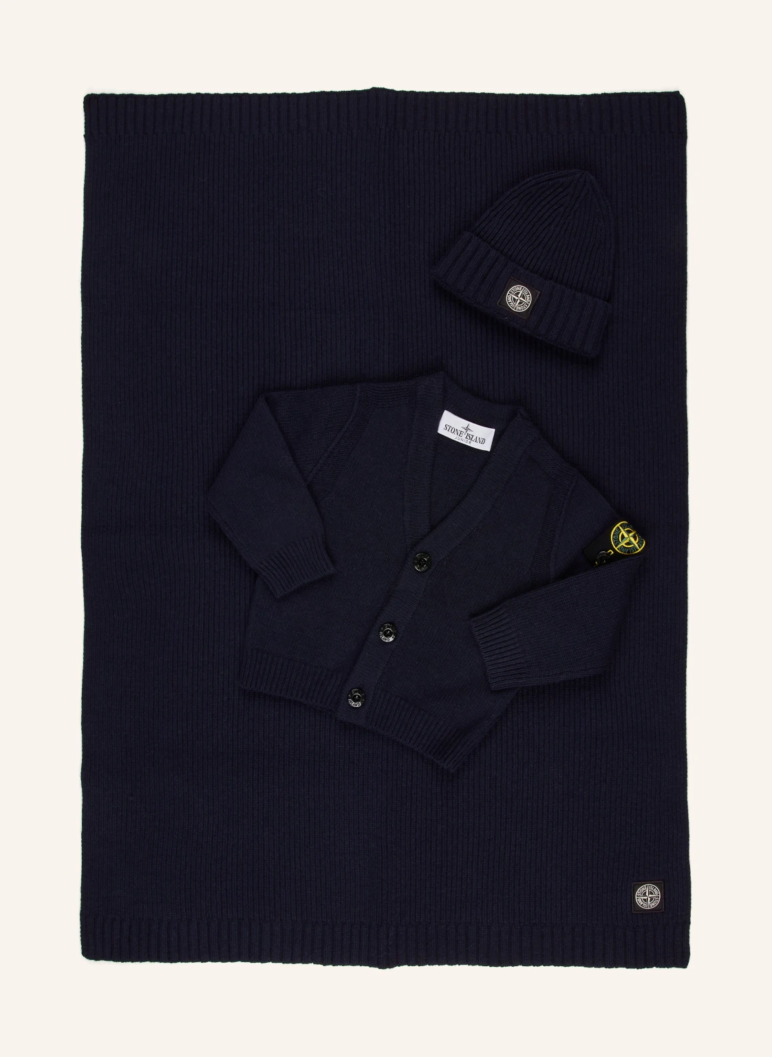 STONE ISLAND JUNIOR Set: Strickjacke, Plaid und Mütze