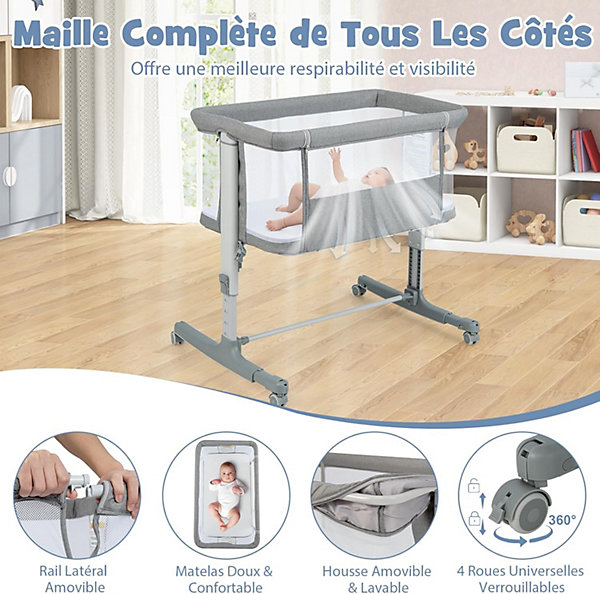 Berceau Bébé 3 en 1 Lit Cododo Portable avec Matelas Amovible Hauteur Réglable Poches de Rangement et Roues Verrouillables Gris