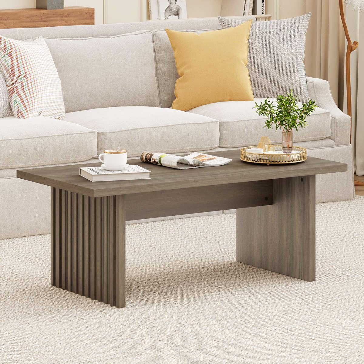 BON AUGURE Fluted Coffee Table, Wood Living Room Tables, Rectangle Coffee Tables for Living Room, Center Table for Home, Office (Greige Oak, 43Inch)