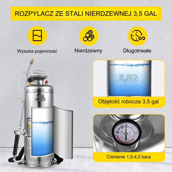 Opryskiwacz ogrodowy ciśnieniowy stal nierdzewna 12L