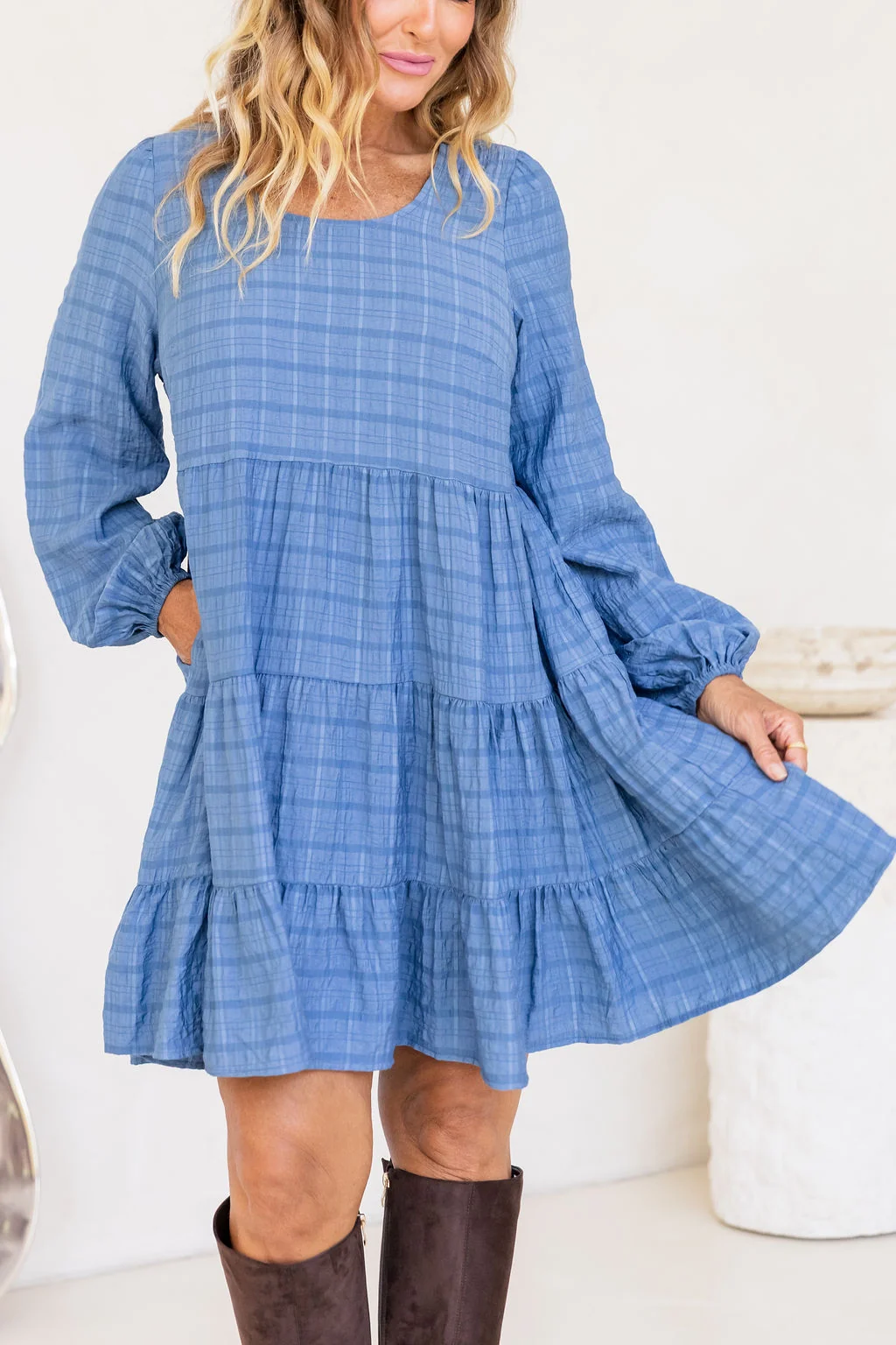 Long Sleeve Greta Dress in Denim Blue