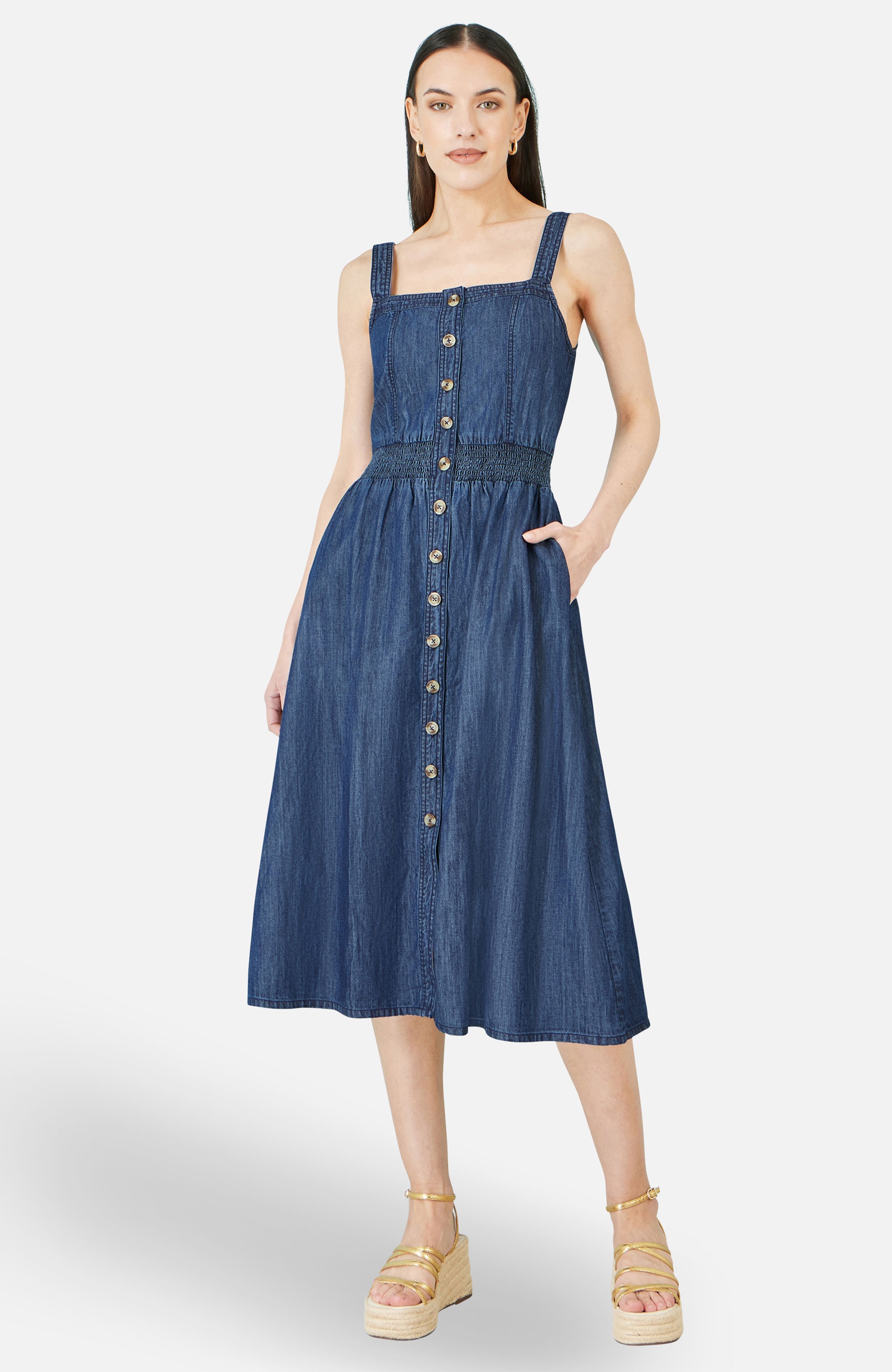 Yumi Blue Chambray Cotton Ruched Midi Sun Dress