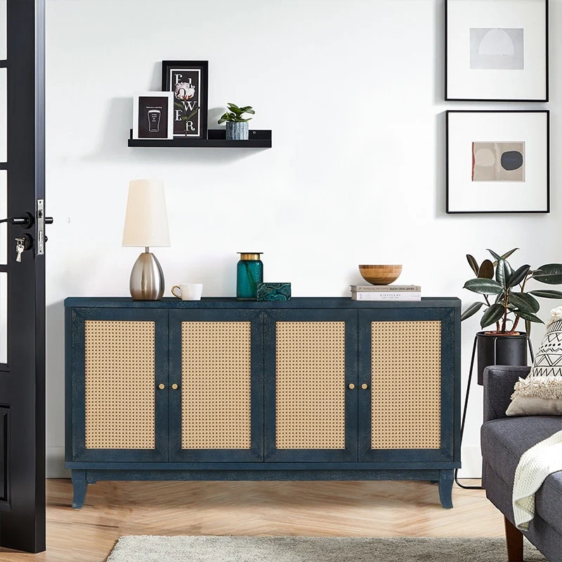 Accent Storage Cabinet, Boho Rattan Sideboard Buffet with 4 Adjustable Shelves, Console Table for Hallway, Living Room, Bedroom