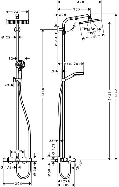 Colonne de bain/douche thermostatique avec pommeau   douchette 2 jets   flexible   barre réglable, chrome, Hansgrohe Crometta E