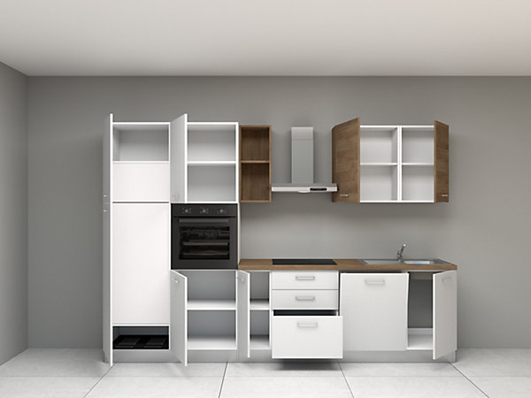 Cuisine complète montée All in Daphne blanc et imitation chêne L. 315 cm avec électroménager
