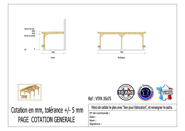 Carport adossé toit plat 350cmx750cm, bois DOUGLAS Français (Charpente en bois-auvent-abri voiture) 27 m². Garantie 10 ans