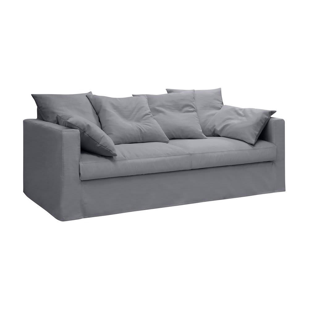 LARIA - Canapé 4 places fixe en tissu coton gris clair - LARIA