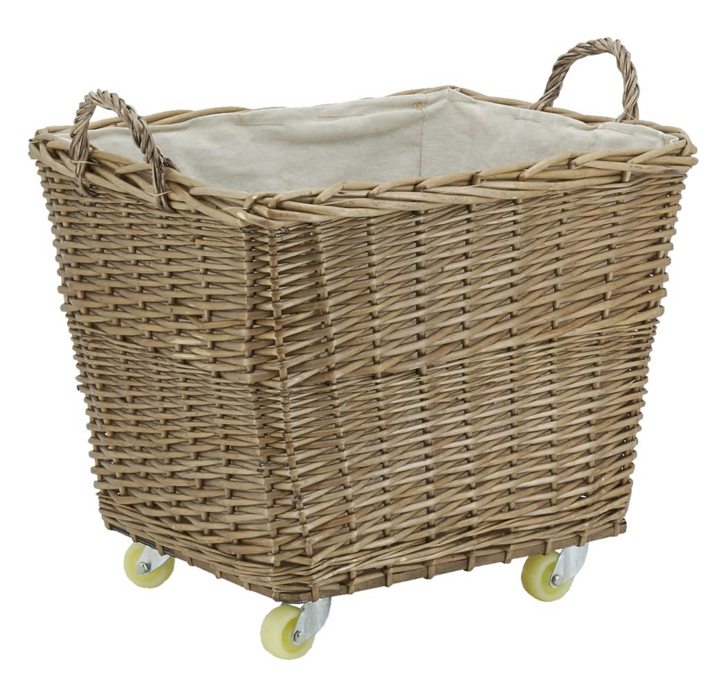 - Corbeille à roulettes en osier avec doublure en jute rectangulaire