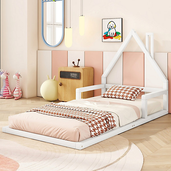 Lit pour enfant 90x200 cm en pin massif, lit au sol à la forme simple et naturelle, solide et élégant, blanc