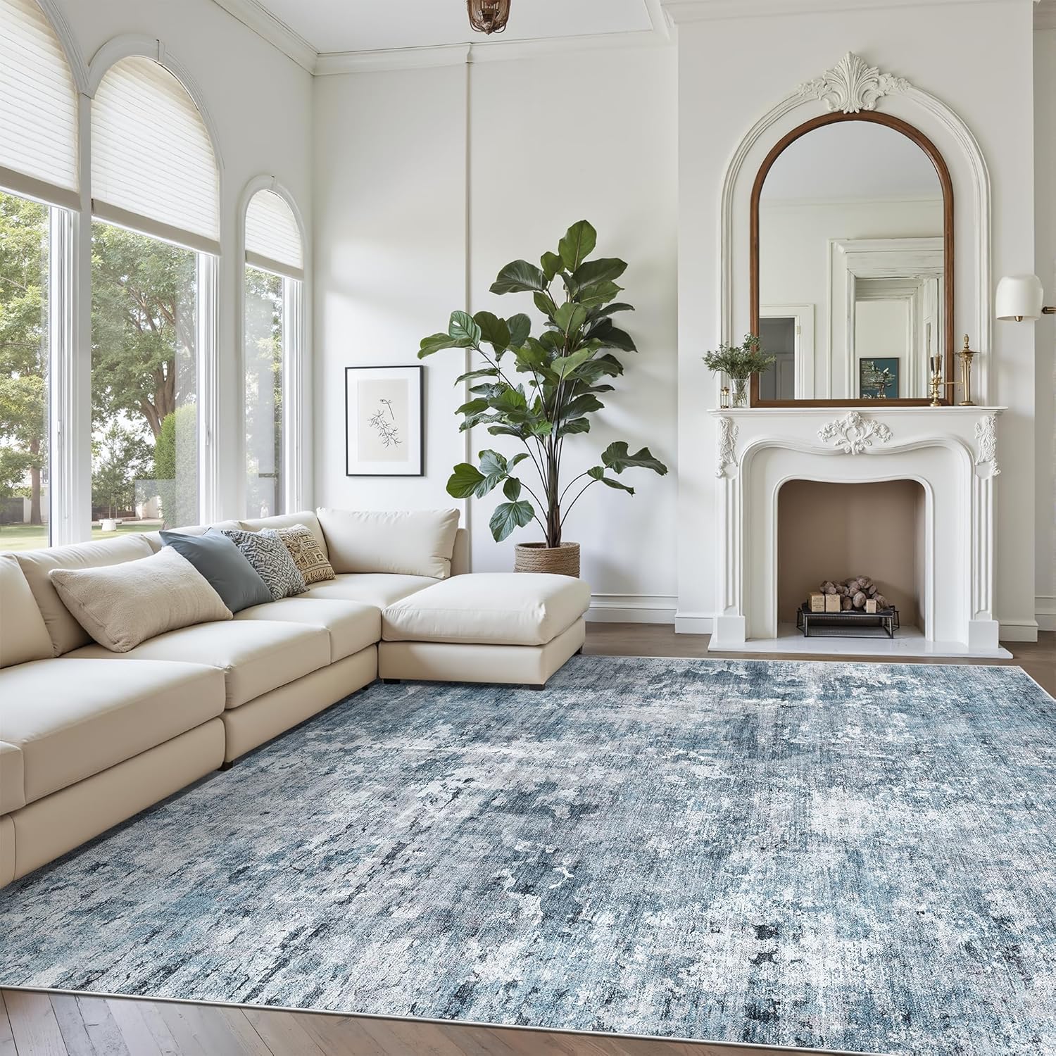 Soalmost 9x12 Area Rugs for Living Room, Abstract Non Slip Machine Washable Vintage Rugs, Low Pile Lightweight Large Rug for Bedroom, Dining Room, Home Office Blue