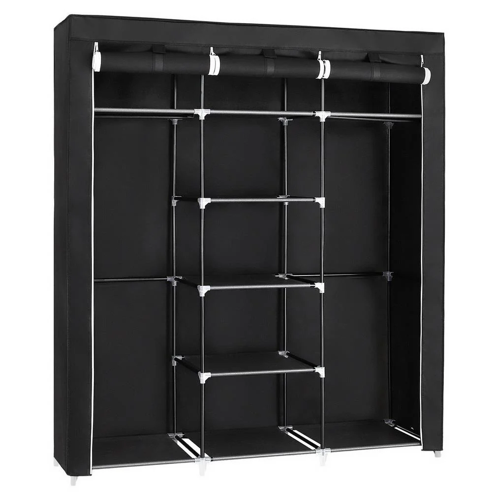 Portable Closet Organizer Wardrobe Storage Organizer with Cover Shelves Black