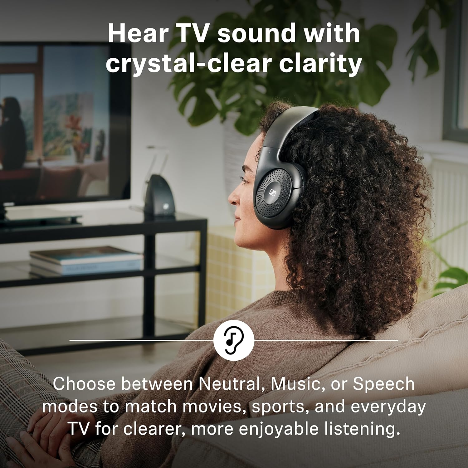 Sennheiser RS 120-W On-Ear Wireless Headphones for Crystal-clear TV Listening with 3 Sound Modes, Lightweight Design, Easy Volume Control, 60 m Range and Convenient Transmitter/Charger Combo - Black