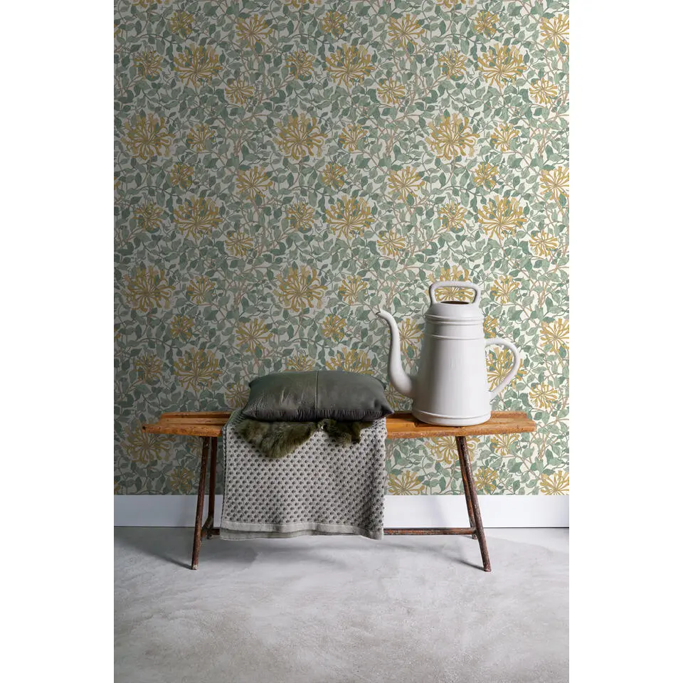 ESTAhome behang bloemen turquoise en okergeel - 50 x 900 cm