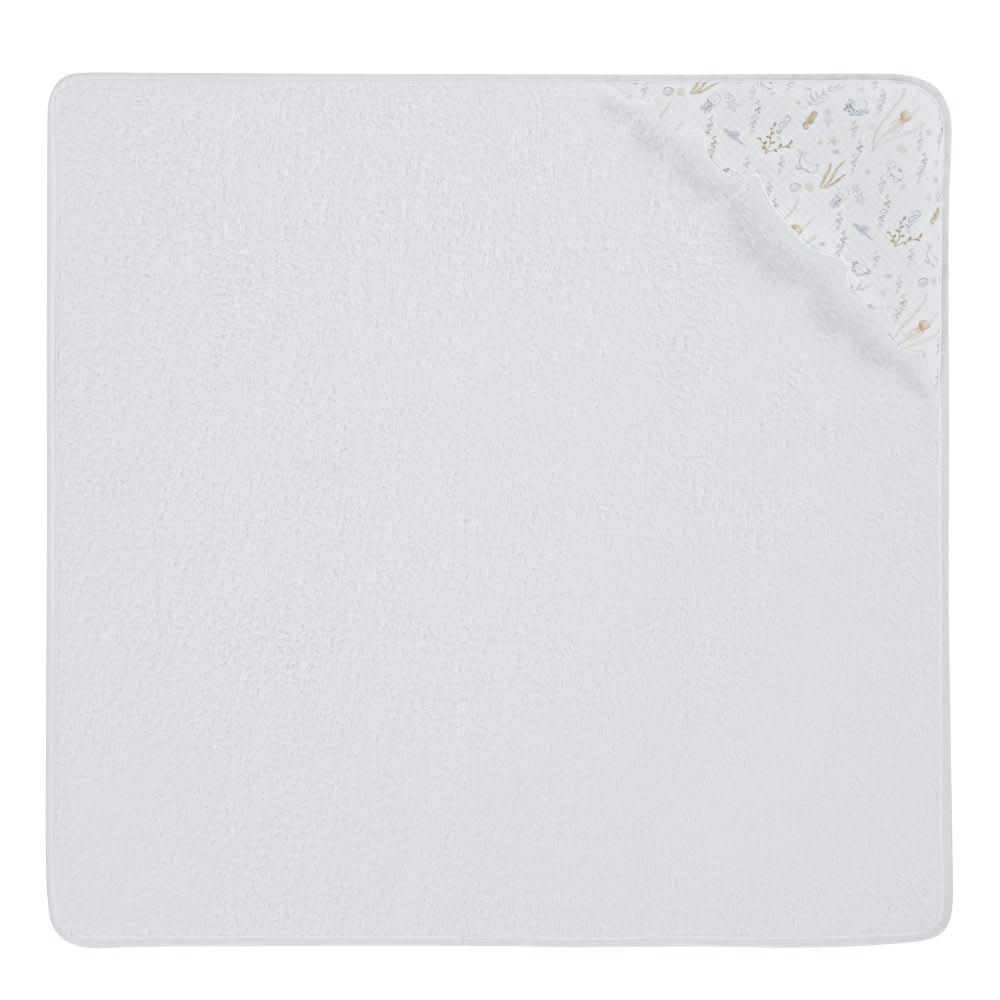 SAINT MALO - Sortie de bain bébé en éponge écrue avec capuche en gaze de coton imprimée