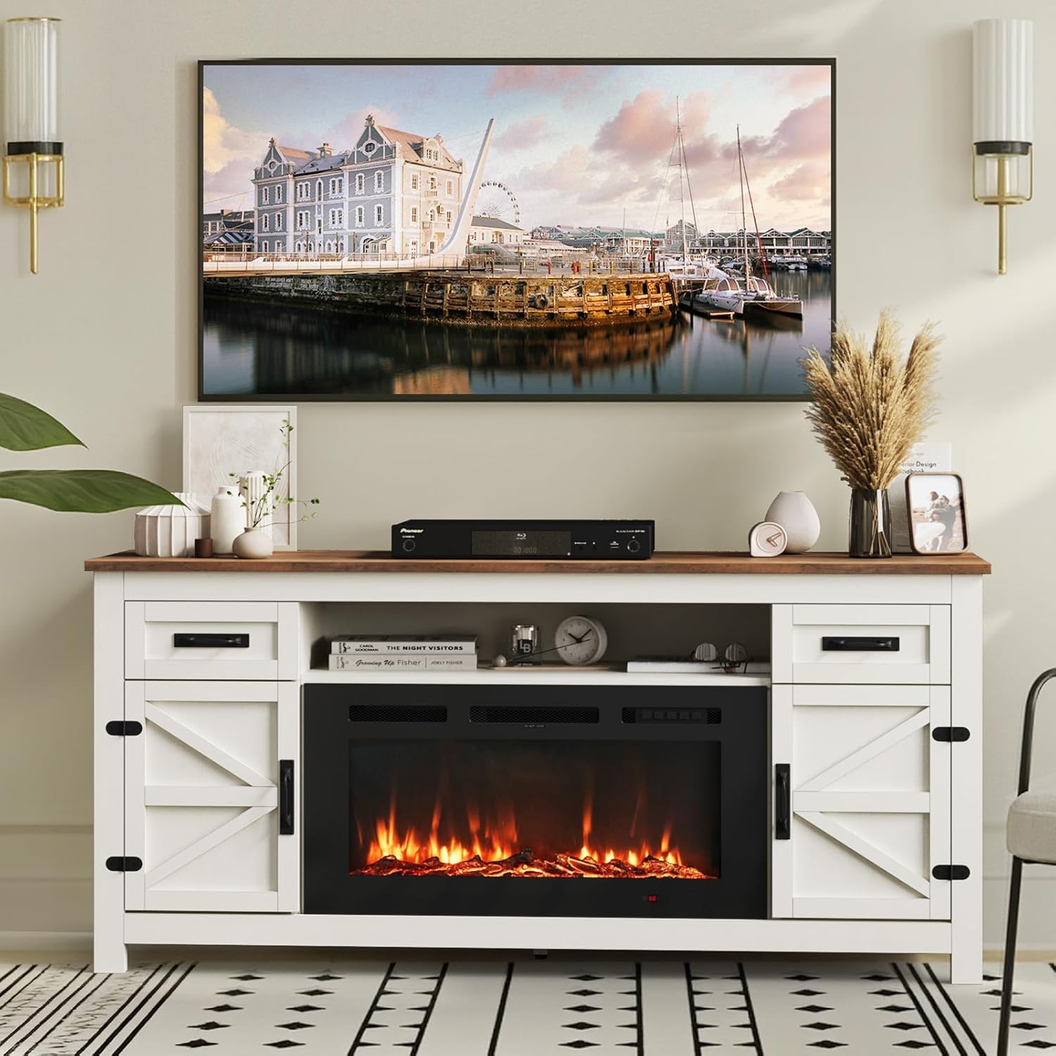 Fireplace TV Stand, 70 Farmhouse TV Stand with Barn Door for 80 TVs, Entertainment Center with Black Fireplace & Storage, White