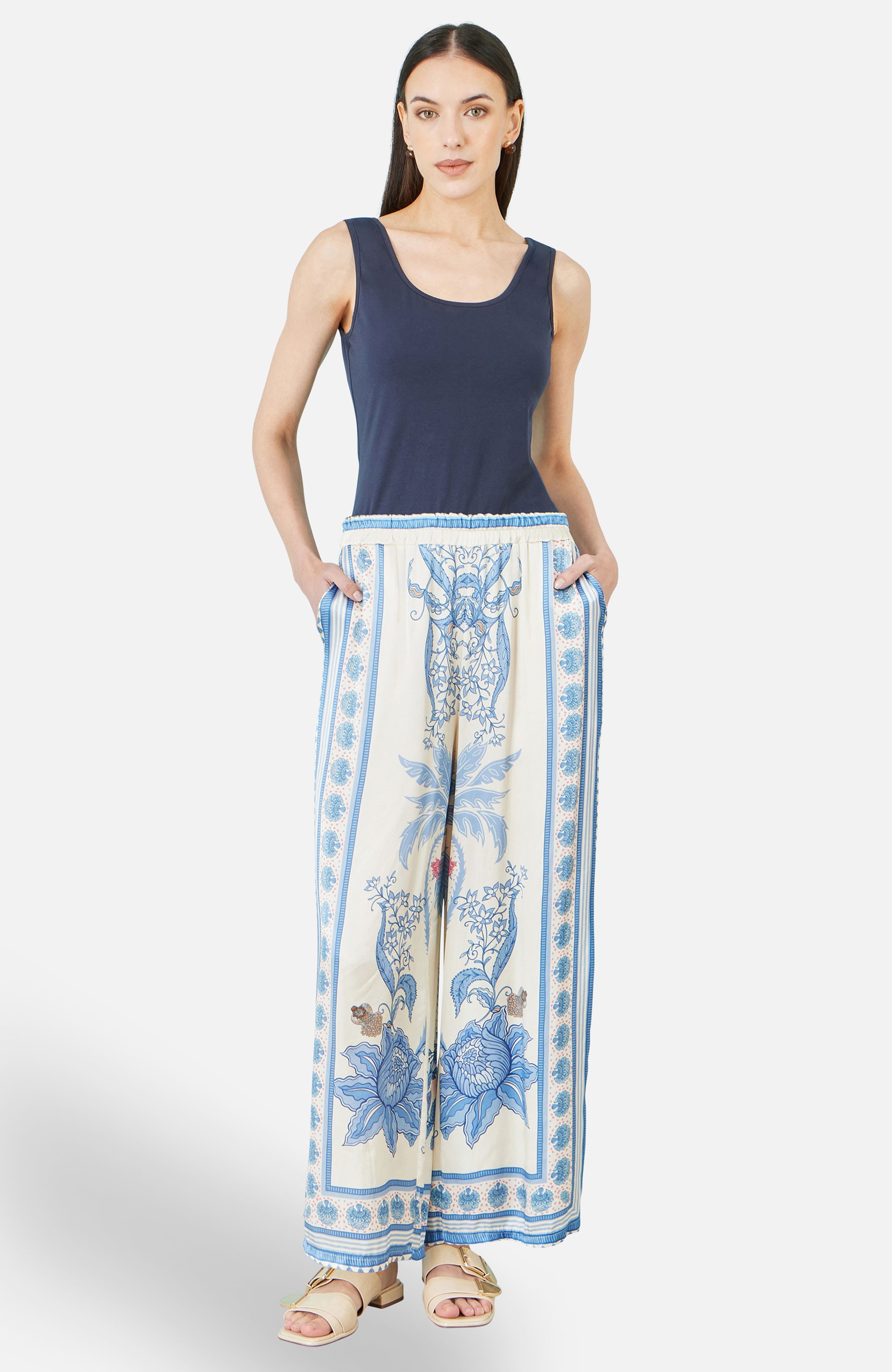 Yumi Blue Satin Print Placement Relaxed Trousers