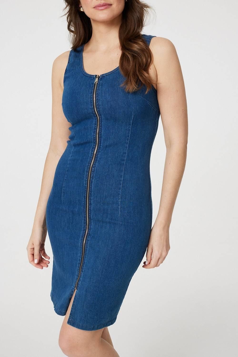 Izabel London Denim Sleeveless Zip Front Shift Dress