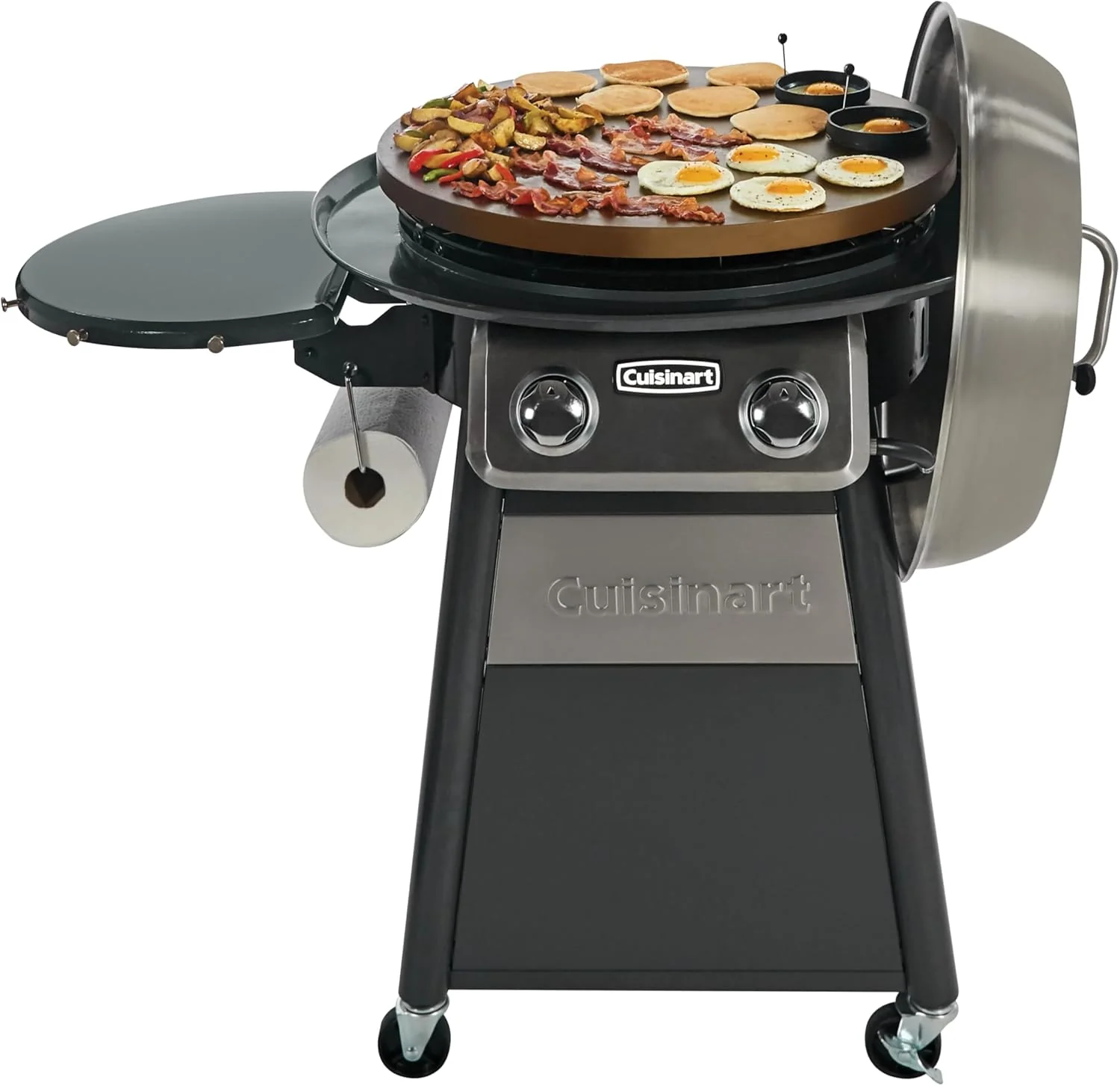 22 360�� Flat Top Outdoor Gas Grill, 30,000BTU Burner, Stainless Steel Vent Cover  Foldable Shelf(360�� Griddle Cooking Center/Gas Grill + Cover�� Black)