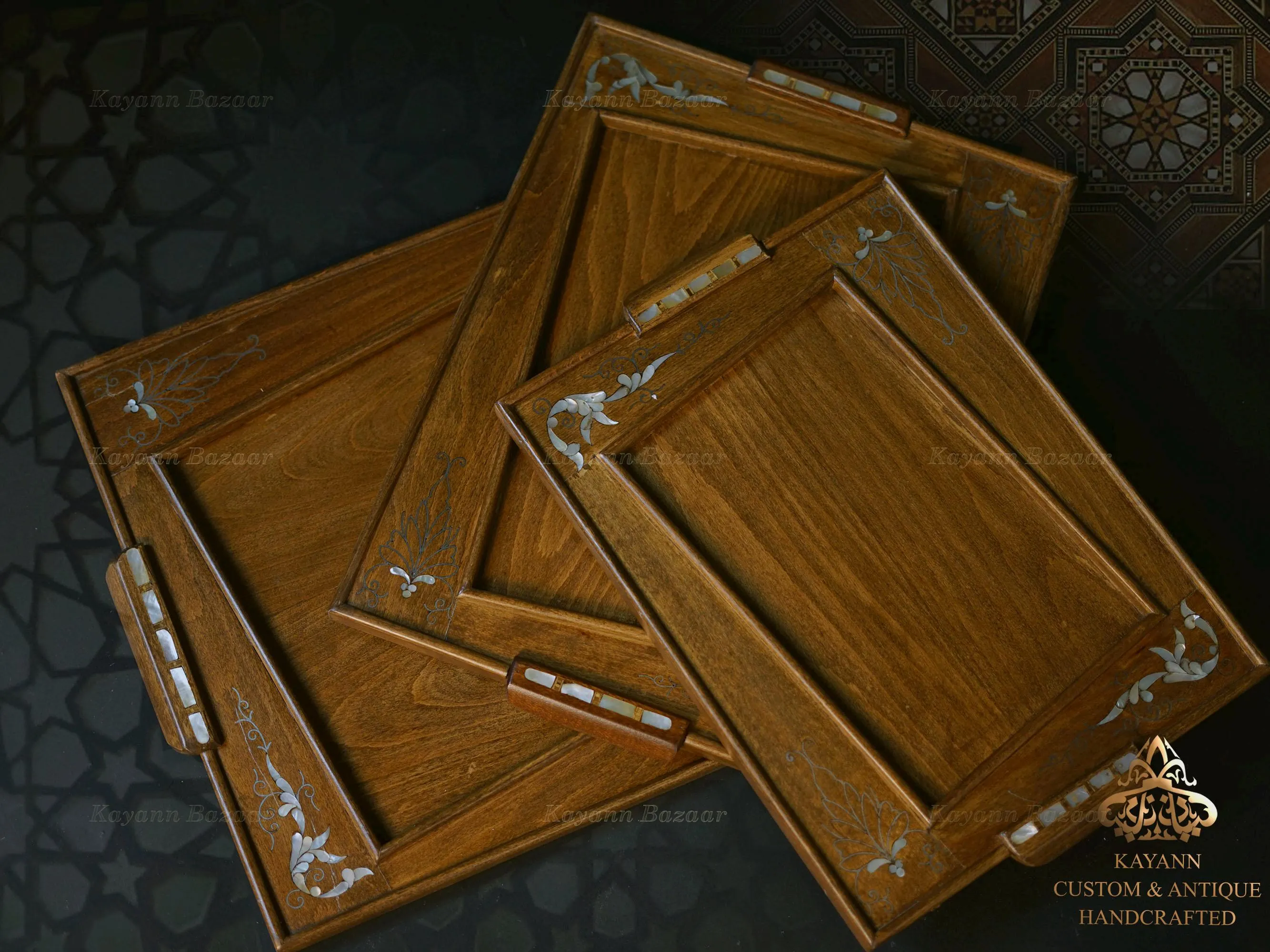 Inlaid Mother of Pearl Wooden Tray Set: Handmade Decorative Serving Trays, solid wood tray