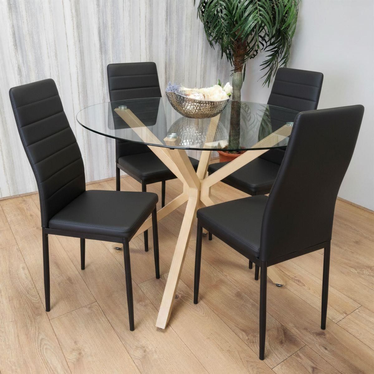 KOSY KOALA Round Glass Dining Table Set With 4 Black faux leather Chairs