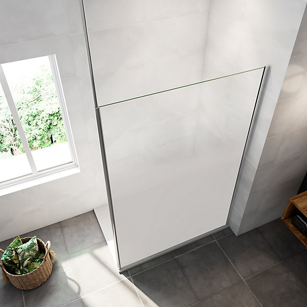 Paroi de douche verre trempé sérigraphié Brume en 8 mm verre - 90 x 200 cm - Profilés chrome avec barre de fixation 90cm