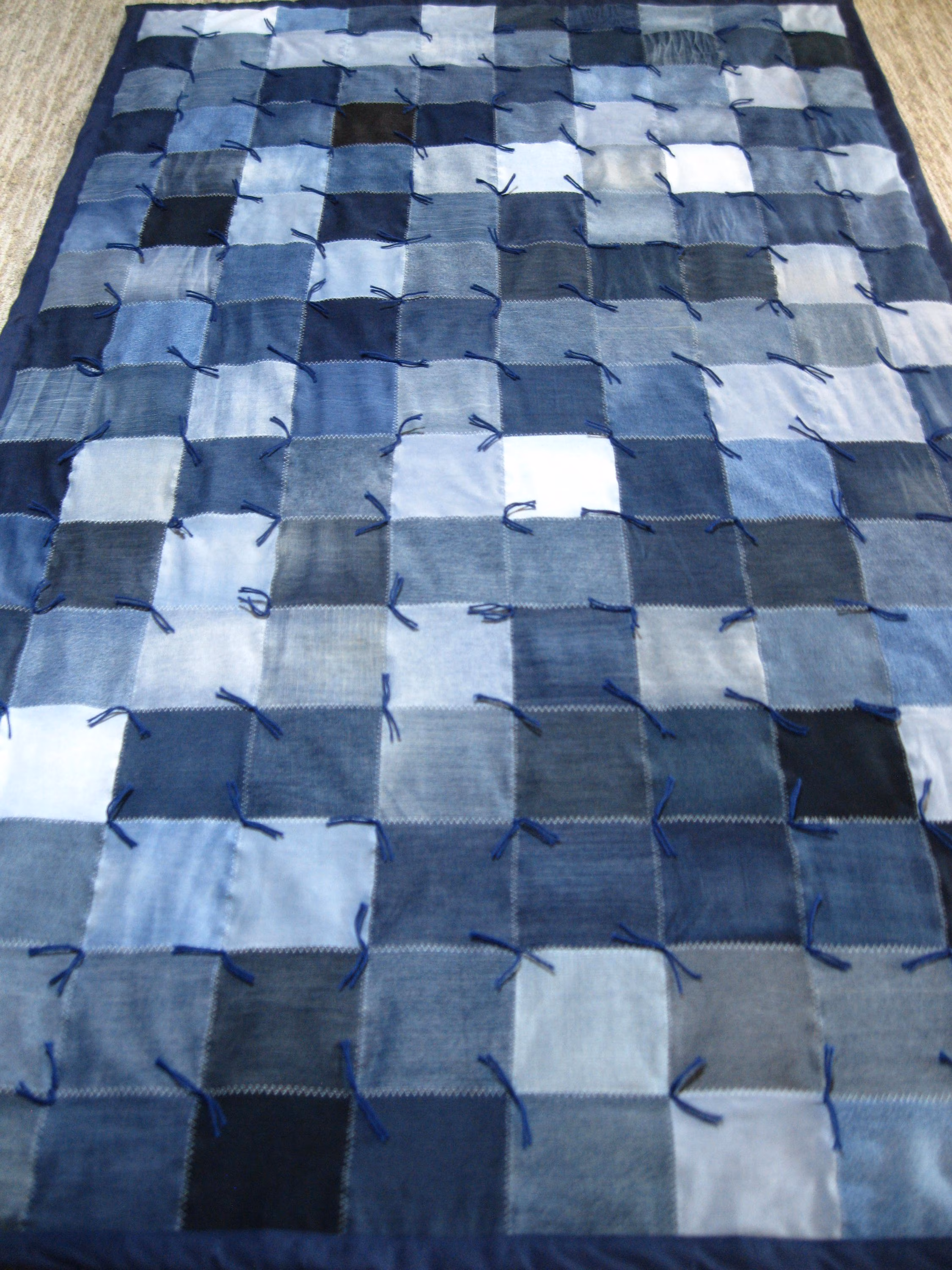 New Handmade Tied XL Twin Denim Jean Navy Blue FLANNEL Quilt Blanket