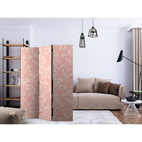 Paravent Déco 3 Panneaux Arabesque Corail Design 135 x 172 cm Blanc et Rose