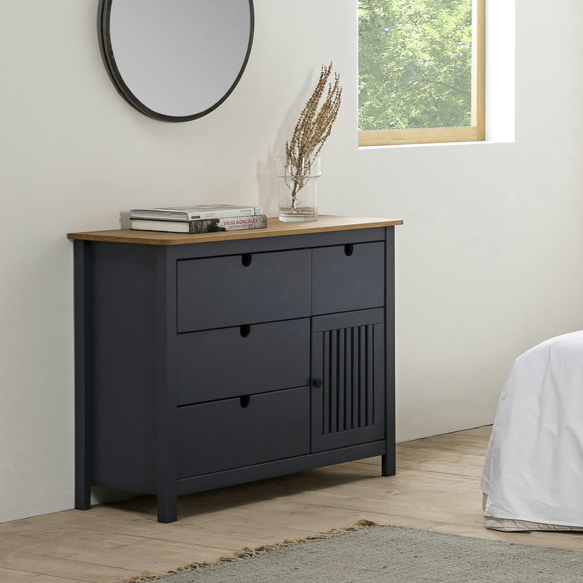 FABIA - Commode 1 porte 4 tiroirs en pin massif gris anthracite 100 cm