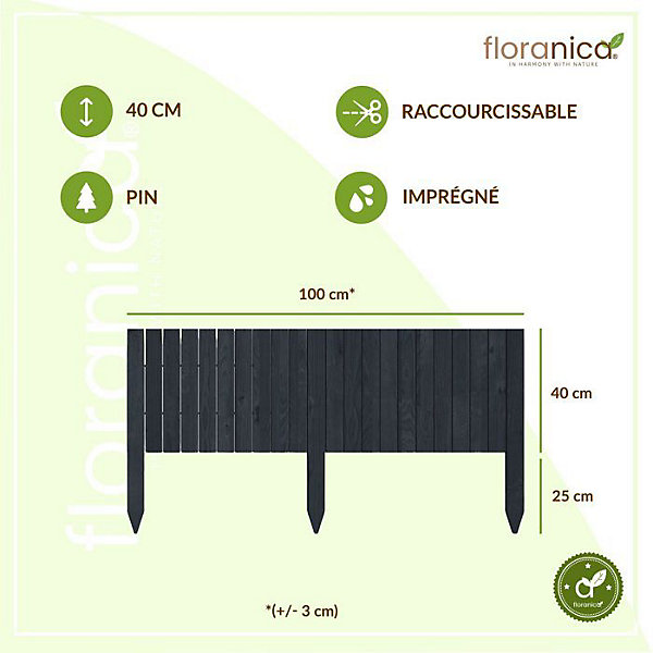 Floranica Bordure flexible de parterre Imprégnée 100 x 40 cm Anthracite (raccourcissable) Clôture en bois en pin Palissade