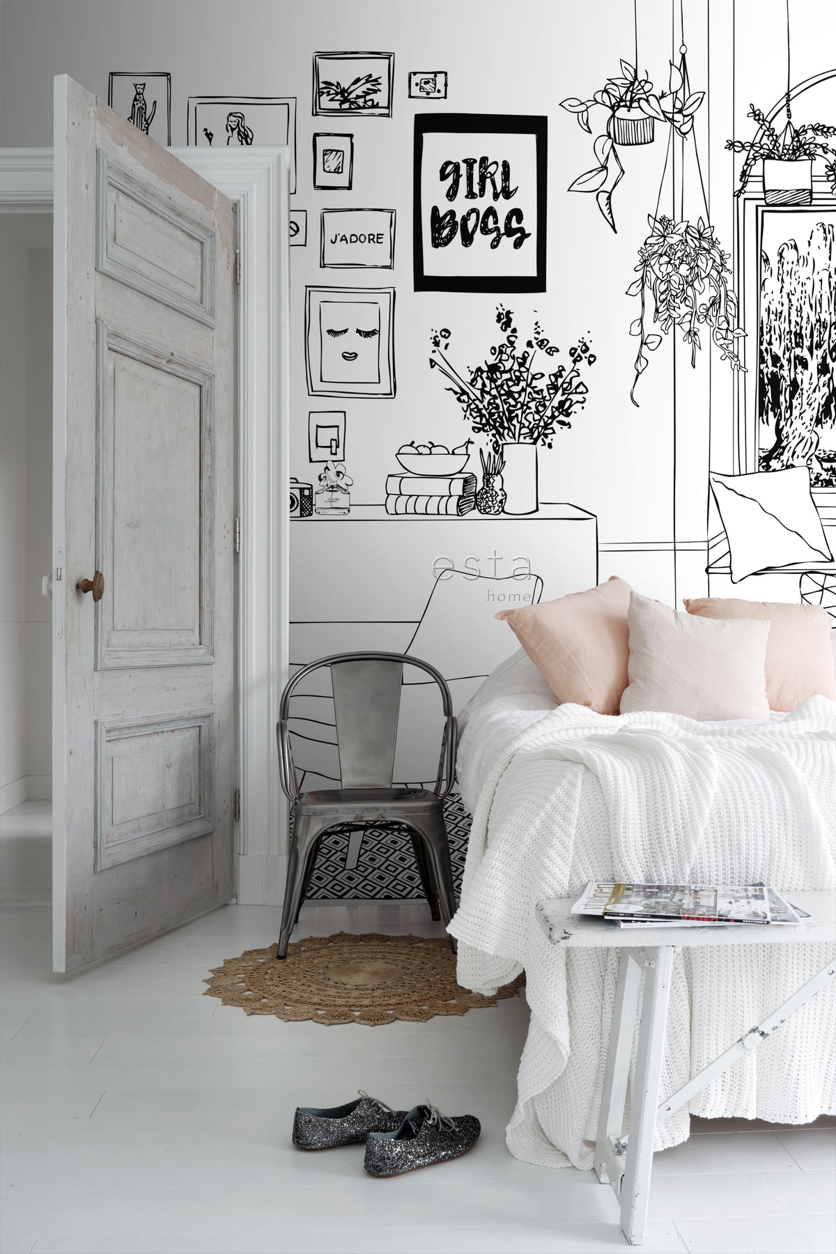ESTAhome fotobehang tekening woonkamer zwart wit - 325.5 x 279 cm - 159097