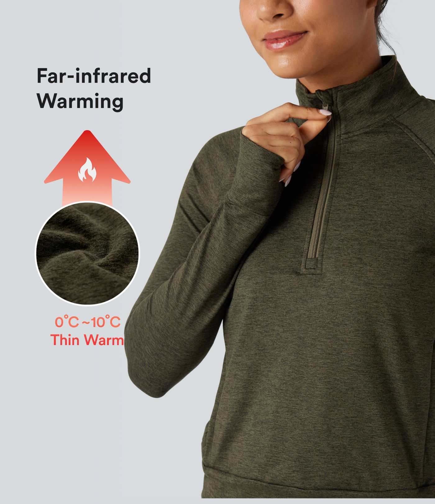 Sweat-shirt polaire thermique chiné séchage rapide demi-zip avec trous pouces et poches - UPF40