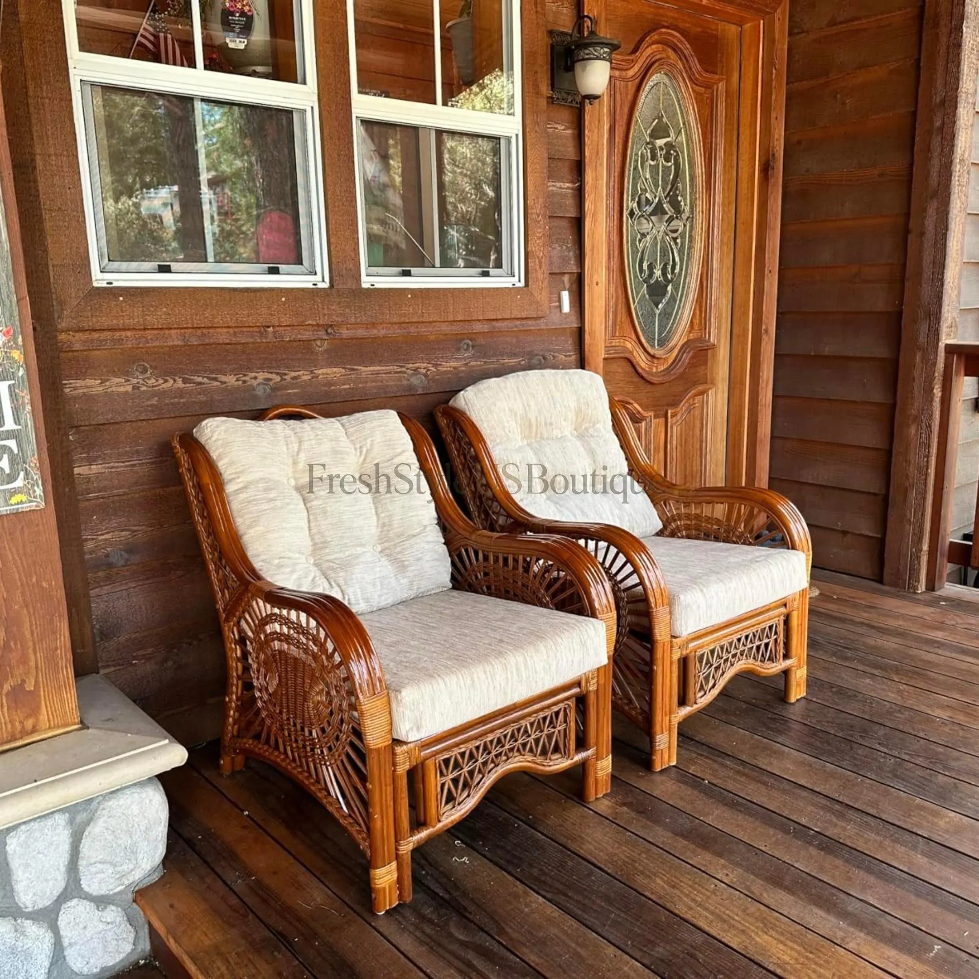 Rattan Accent Chair | Handmade Wicker Armchair | Colonial Lounge Seating with Cream Cushion