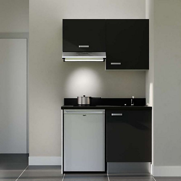 Kitchenette K01 - 120 cm - façades Noir - Plan monobloc en quartz coloris Nero évier à droite