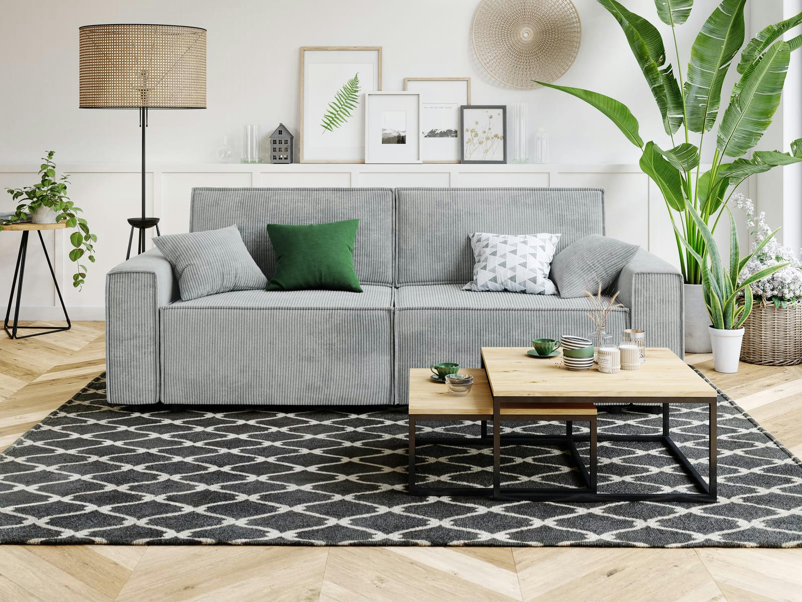 MIRA - Canapé droit convertible en velours côtelé 3 places gris clair