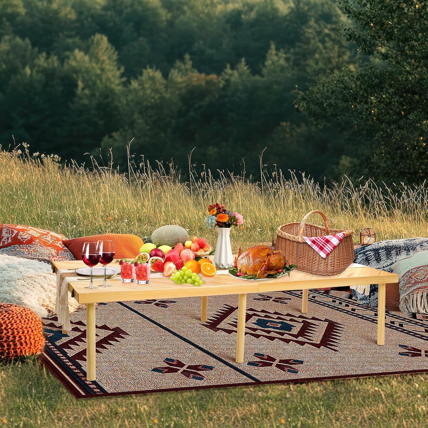 Folding Picnic Table with Table Runner  Portable Boho Low Picnic Table for Indoor Outdoor  60 x 30 Wooden Table with Adjustable Heights for Camping  Wedding  Beach  Garden  Party(Large Size for 6)