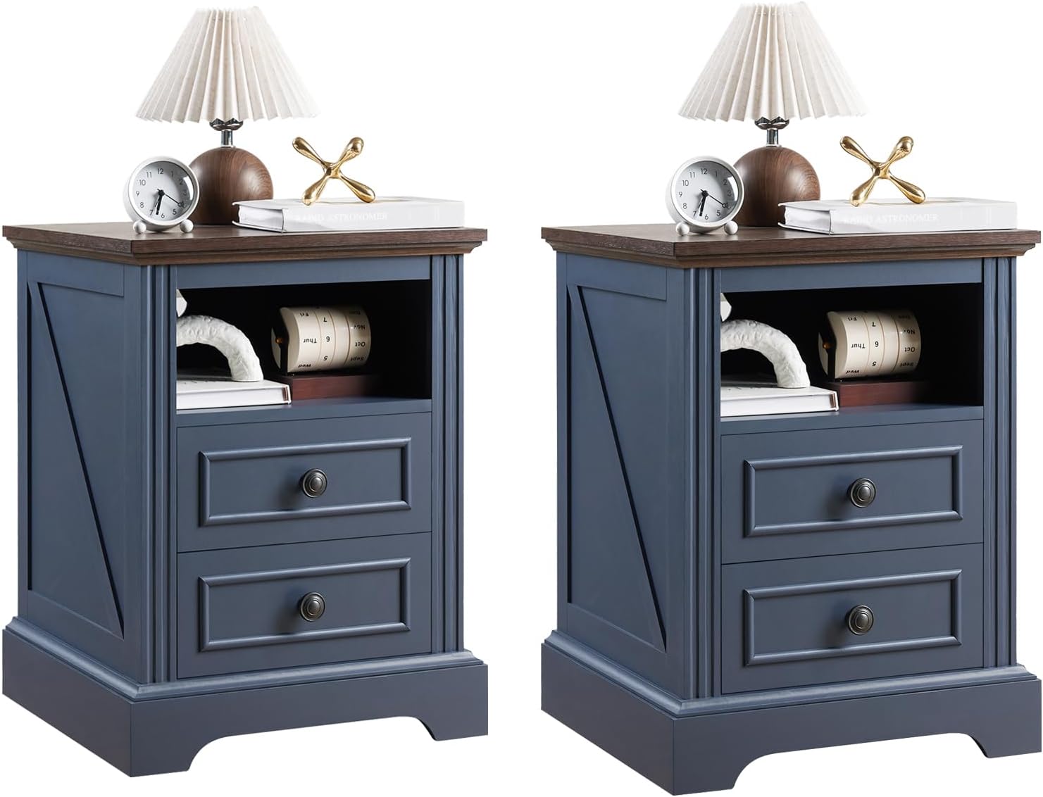 QUW Nightstand Set of 2 with Charging Station, Side Table with 2 Drawers and Open Storage, 18 Retro Bedside Table, End Table for Bedroom, Living Room, Blue