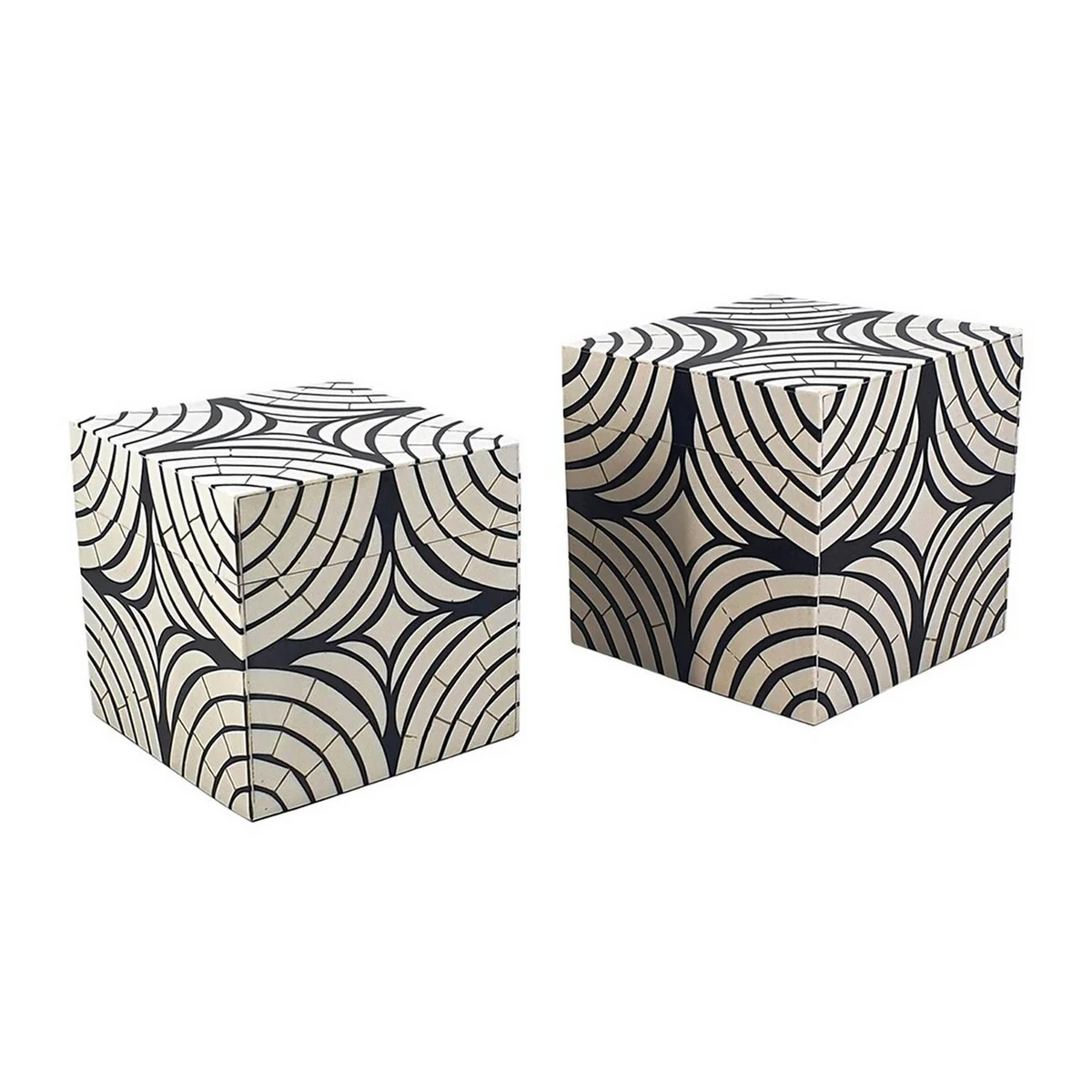 8, 7 Inch Storage Box Set of 2, Wood Frame, Black and White Trellis