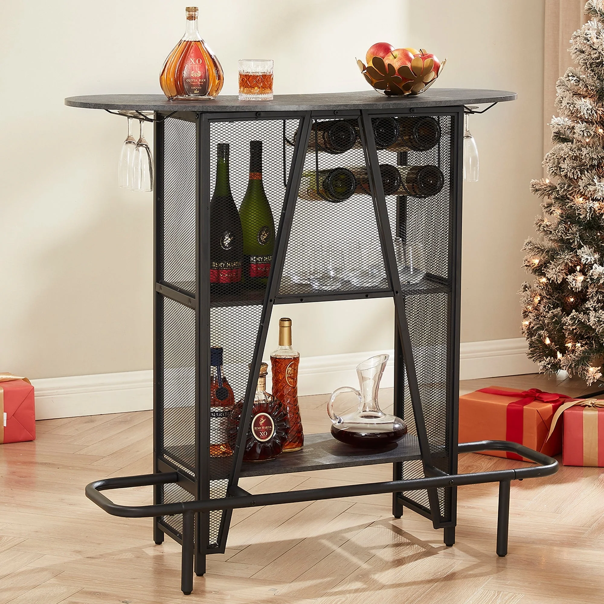Kitchen Island with Wine Rack, Rolling Kitchen Cart, Grey Bar Microwave Stand Wine Rack Table