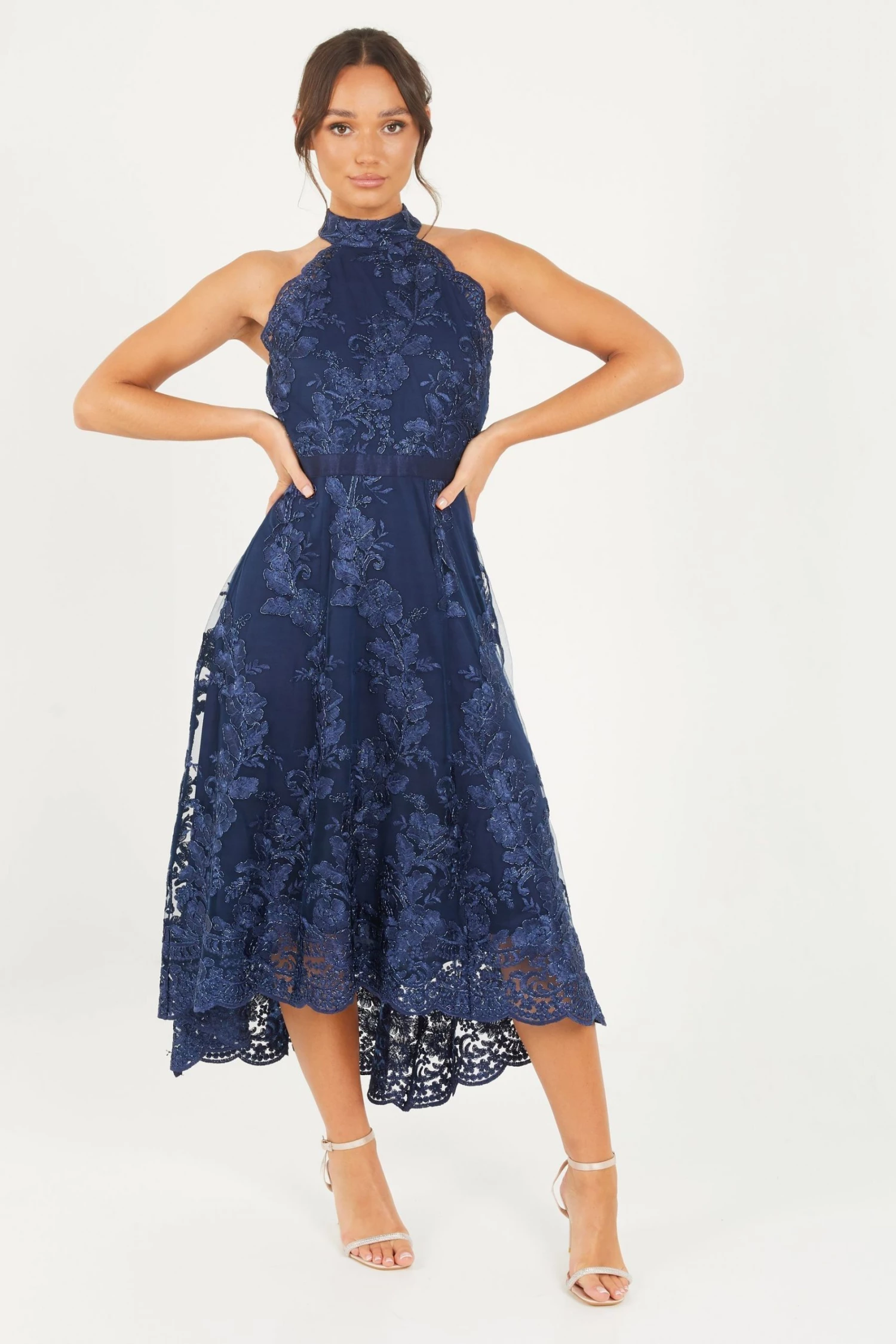 Quiz Blue Embroidered Dip Hem Dress