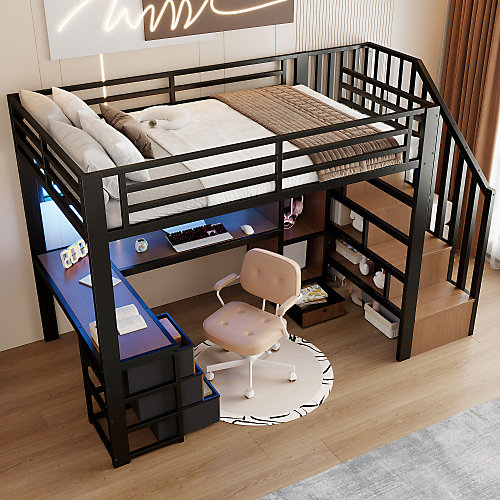 Lit mezzanine 90x200 cm en fer - Compartiments de rangement - 4 tiroirs - LED - Bureau et escalier - Noir (sans matelas)