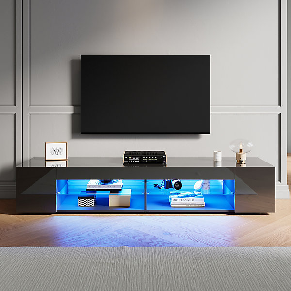 Meuble TV LED SIRHONA Moderne Demi-ouvert Placer Space Verre Stratifiée Noir 160cm