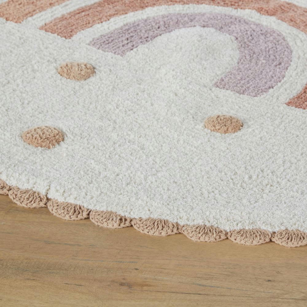 RAINBOW - Tapis enfant rond en coton recyclé tufté imprimé arc-en-ciel et oiseaux D120