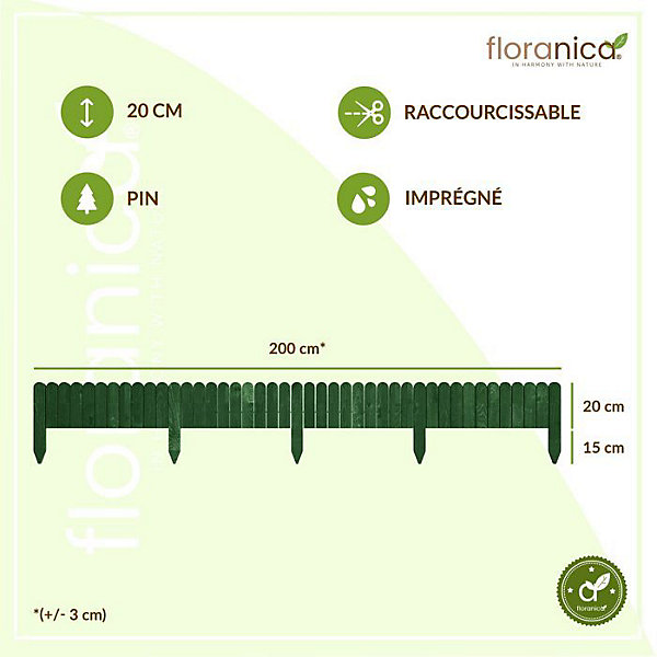 Floranica Bordure de Jardin Flexible 20 x 200 cm Vert Clôture de Pelouse en Bois, Palissade de Jardin Extérieur