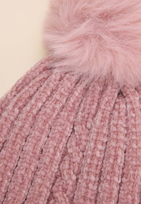 Younger Girls Pink Chenille Bobble Hat