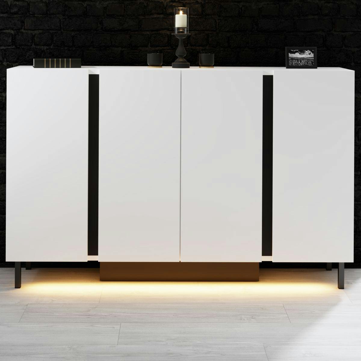 Buffet salle à manger blanc 4 portes LED AURA