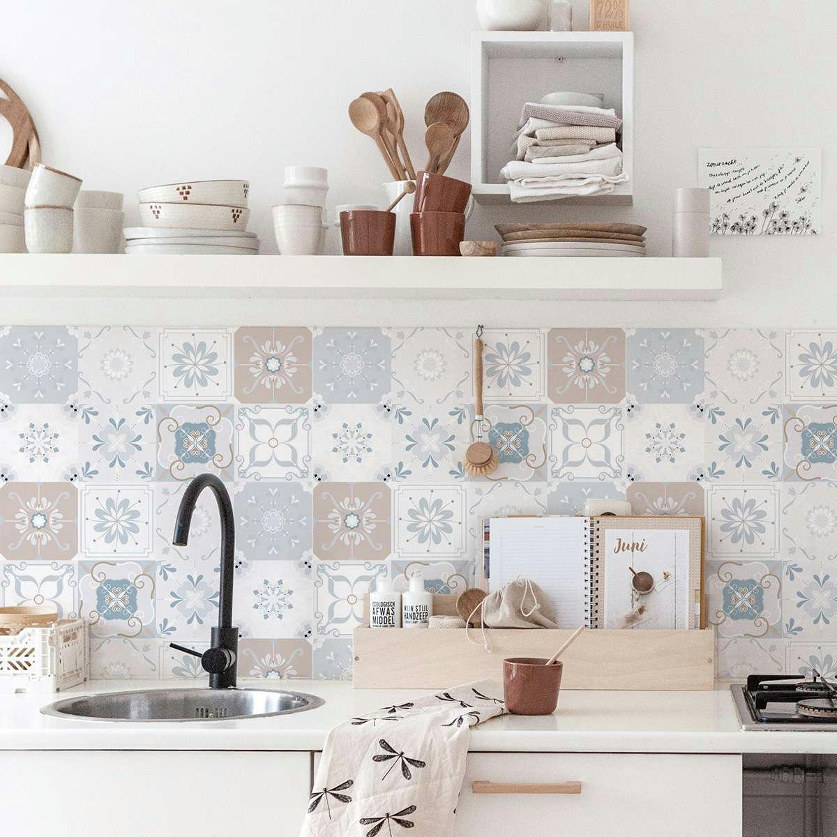 VINTAGETILES - Papier peint vinyle adhésif carreaux vintage bleu et marron 50x300 cm