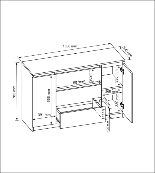 Komoda 2 drzwi 3 szuflady 140cm biała